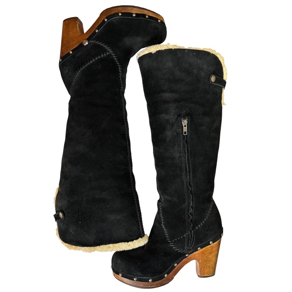 UGG Black Suede Knee-High Shearling Lined Heeled Boots